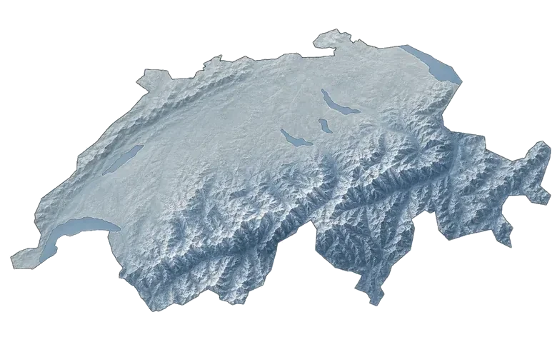 Reliefkarte der Schweiz mit Sitz in Zug (CH); markiert sind Basel (CH) und Frankfurt am Main (D)
